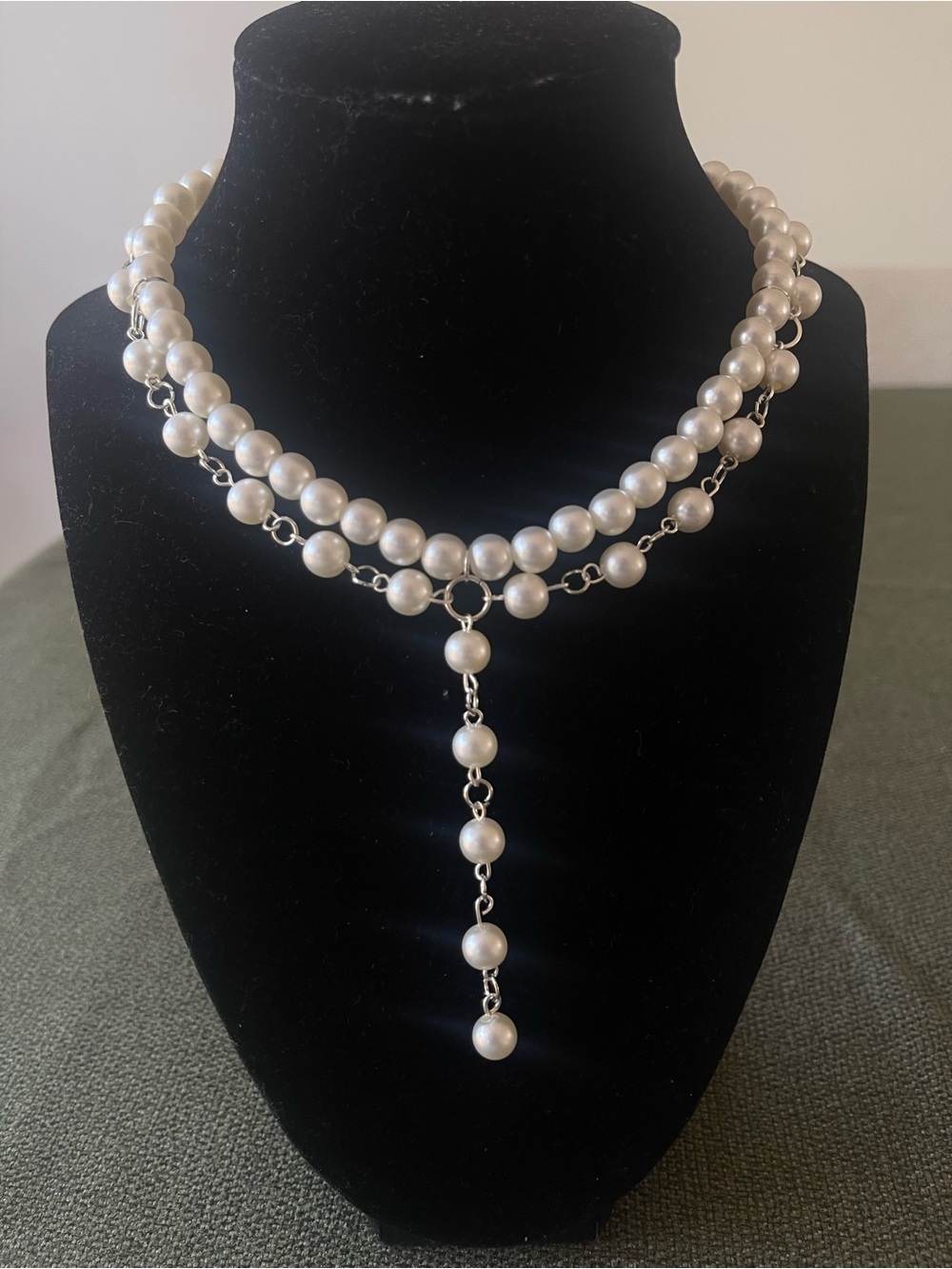 Double-Strand White Pearl Y-Drop Necklace